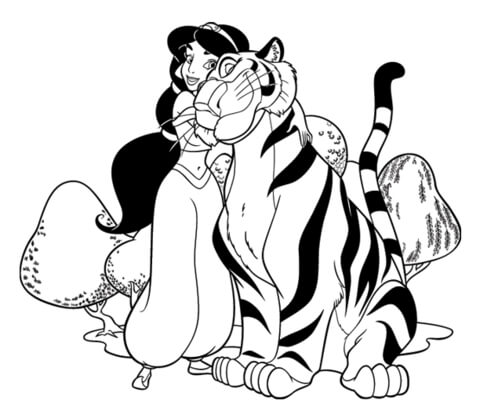Jasmine with her tiger rajah coloring page free printable coloring pages