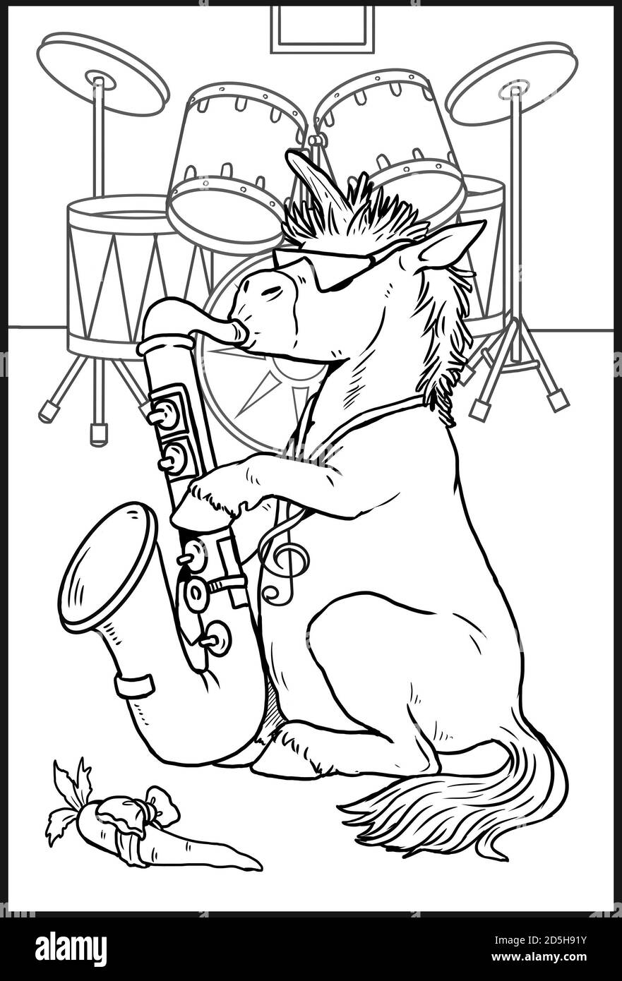 Funny unicorn with saxophone plays jazz coloring page for kids and horse lovers stock photo
