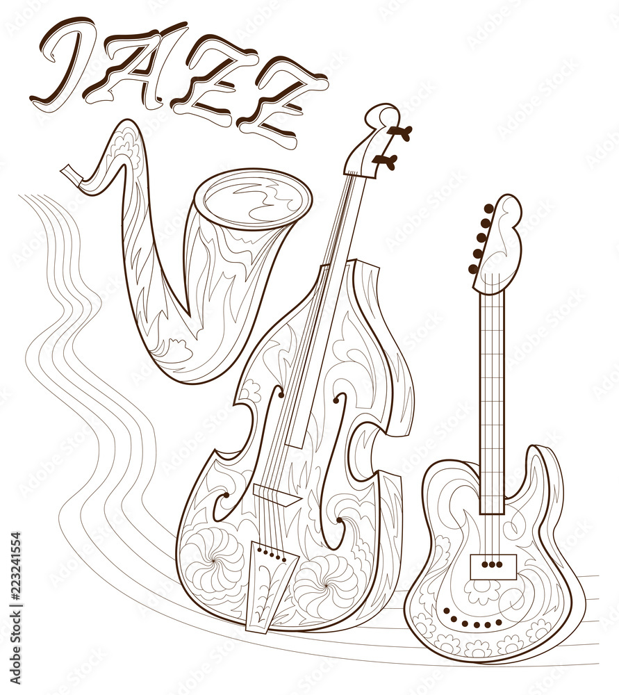 Black and white page for coloring set of musical instruments poster for print advertising of jazz concert worksheet for children and adults vector image vector
