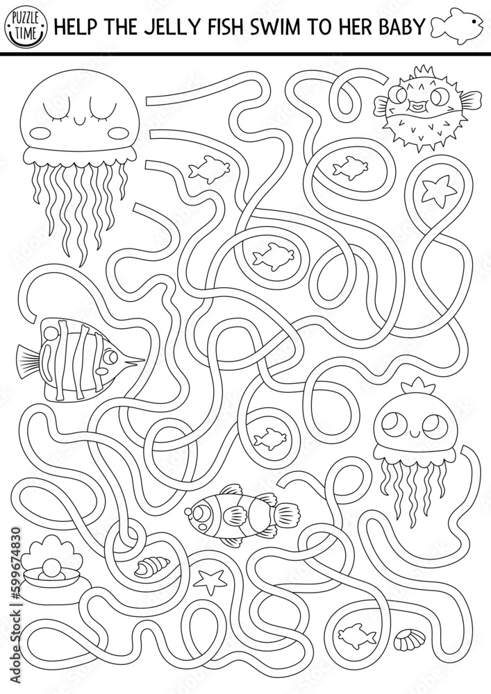 Under the sea black and white maze for kids with marine landscape jelly fish clownfish ocean line preschool printable activity water labyrinth game coloring page help jellyfish swim to baby vector