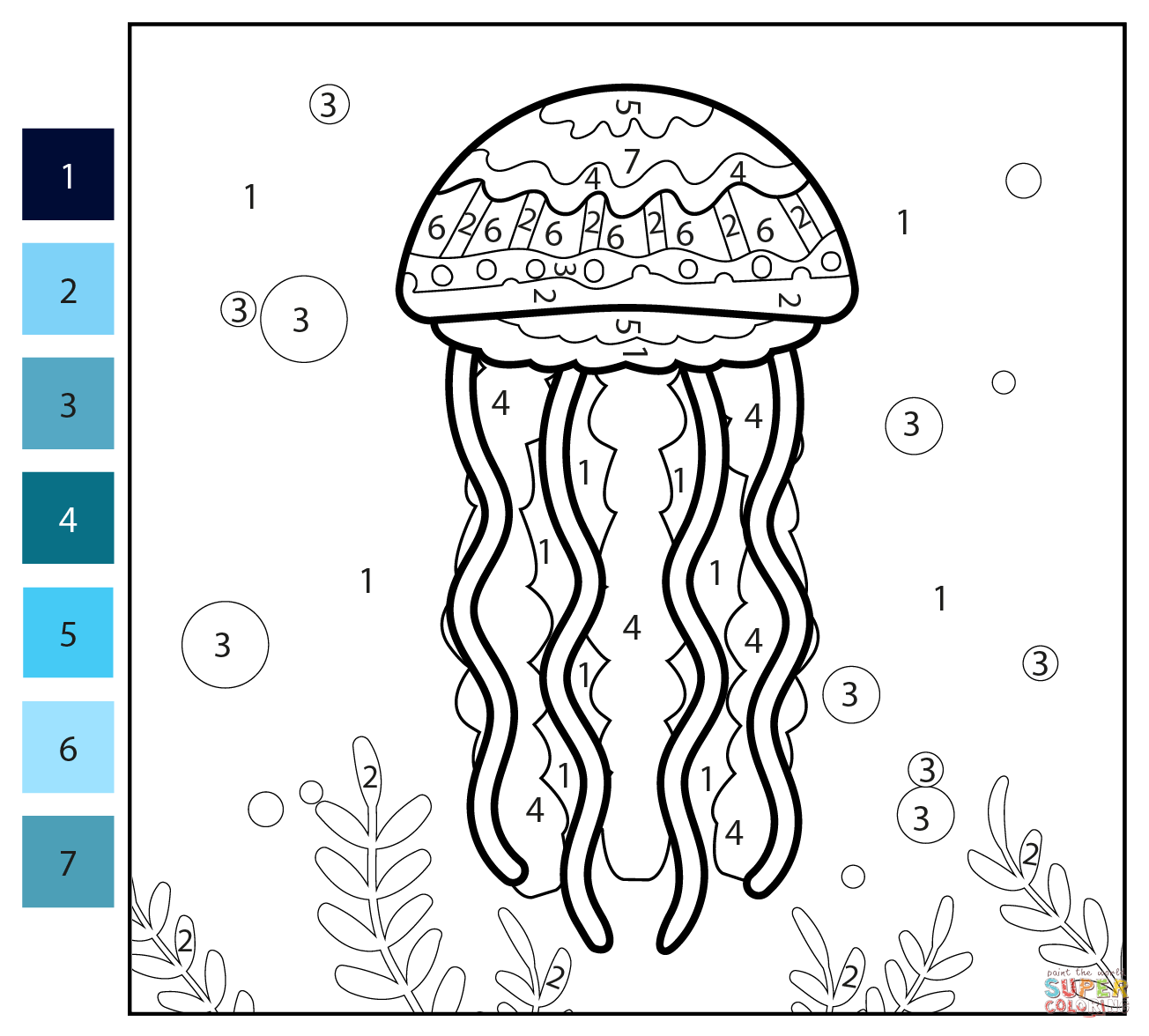 Jellyfish color by number free printable coloring pages