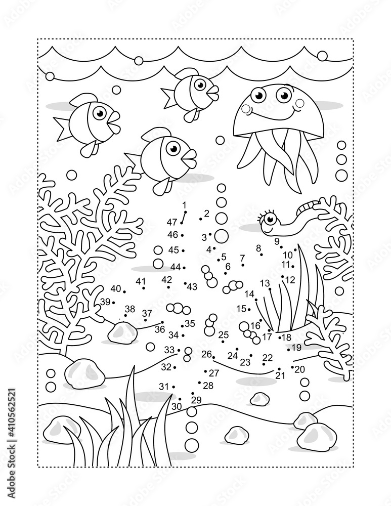 Starfish connect the dots full page picture puzzle and coloring page underwater life themed with fish jellyfish seabed algae vector