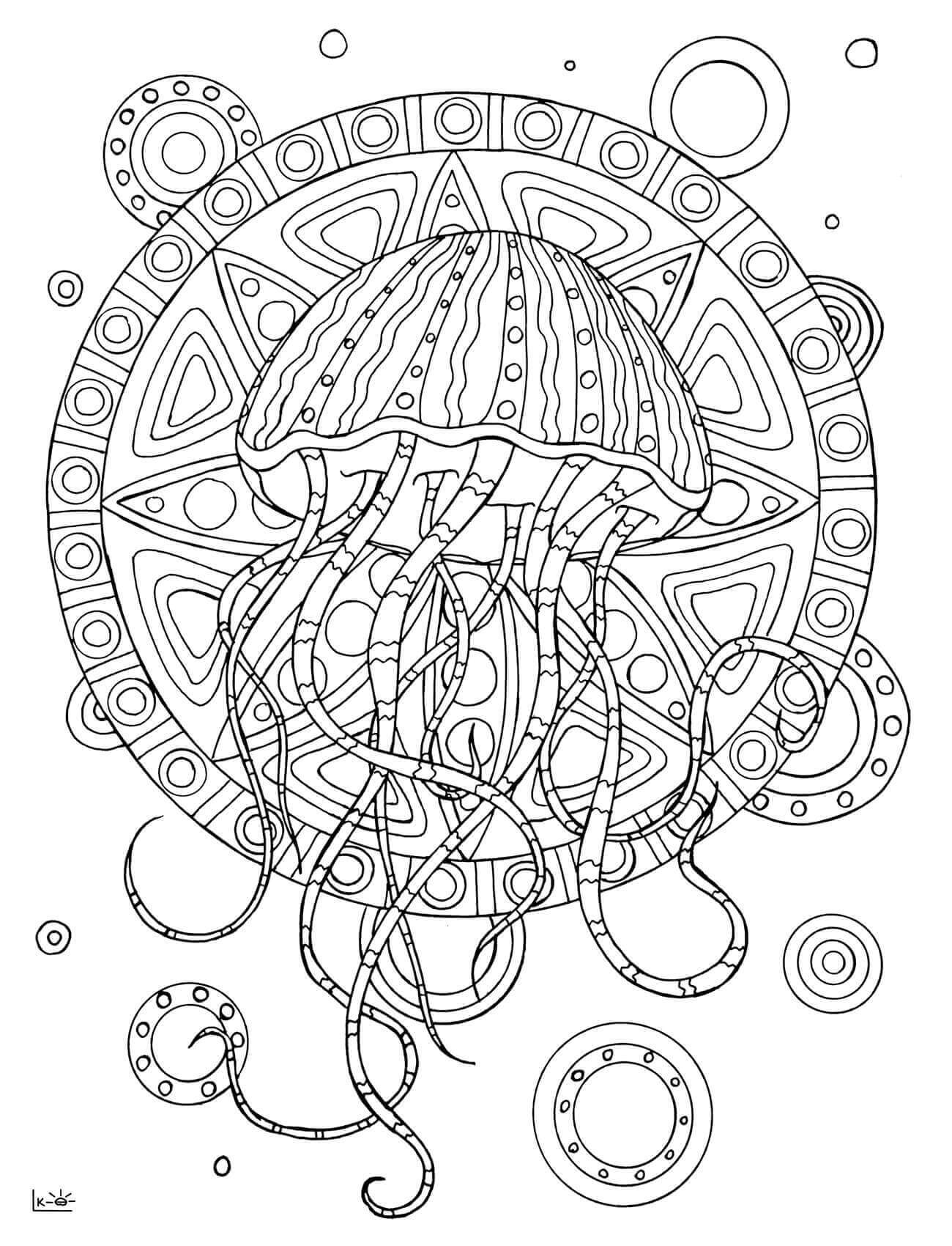 Jellyfish with tribal pattern mandala coloring page