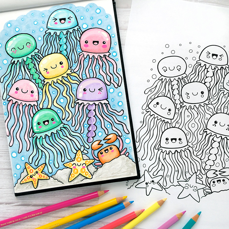 Kawaii jellyfish colouring page