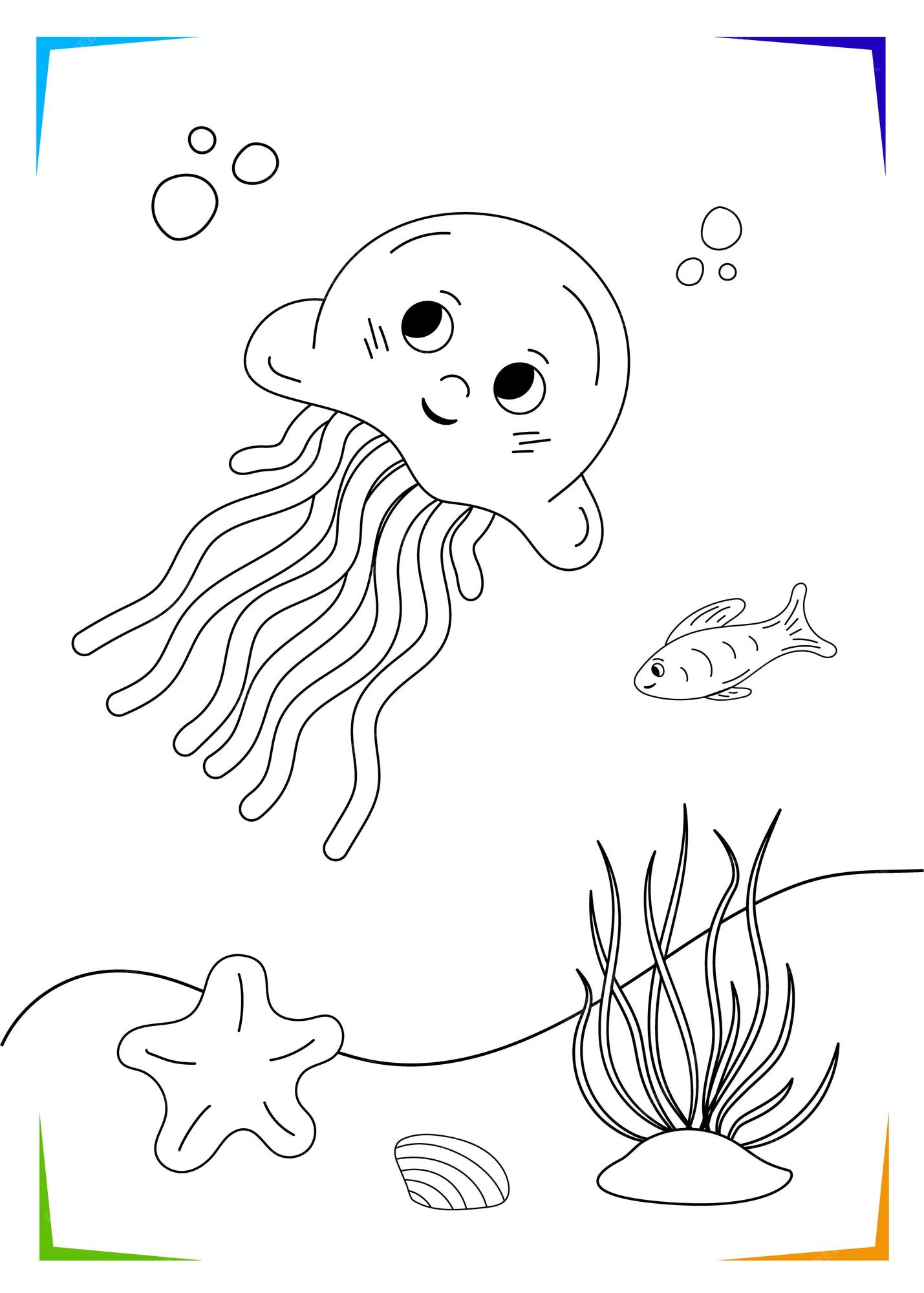 Premium vector black and white jellyfish starfish algae coloring page for kids marine underwater inhabitants vector illustration printable for kids worksheet for children coloring book black outlines sea life