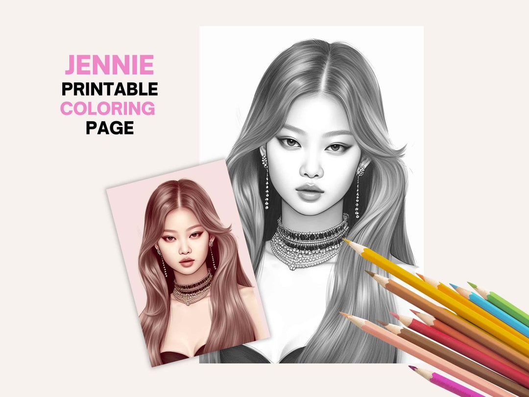 Blackpink jennie coloring page with free bonus page printable adult coloring book for instant download black and white grayscale