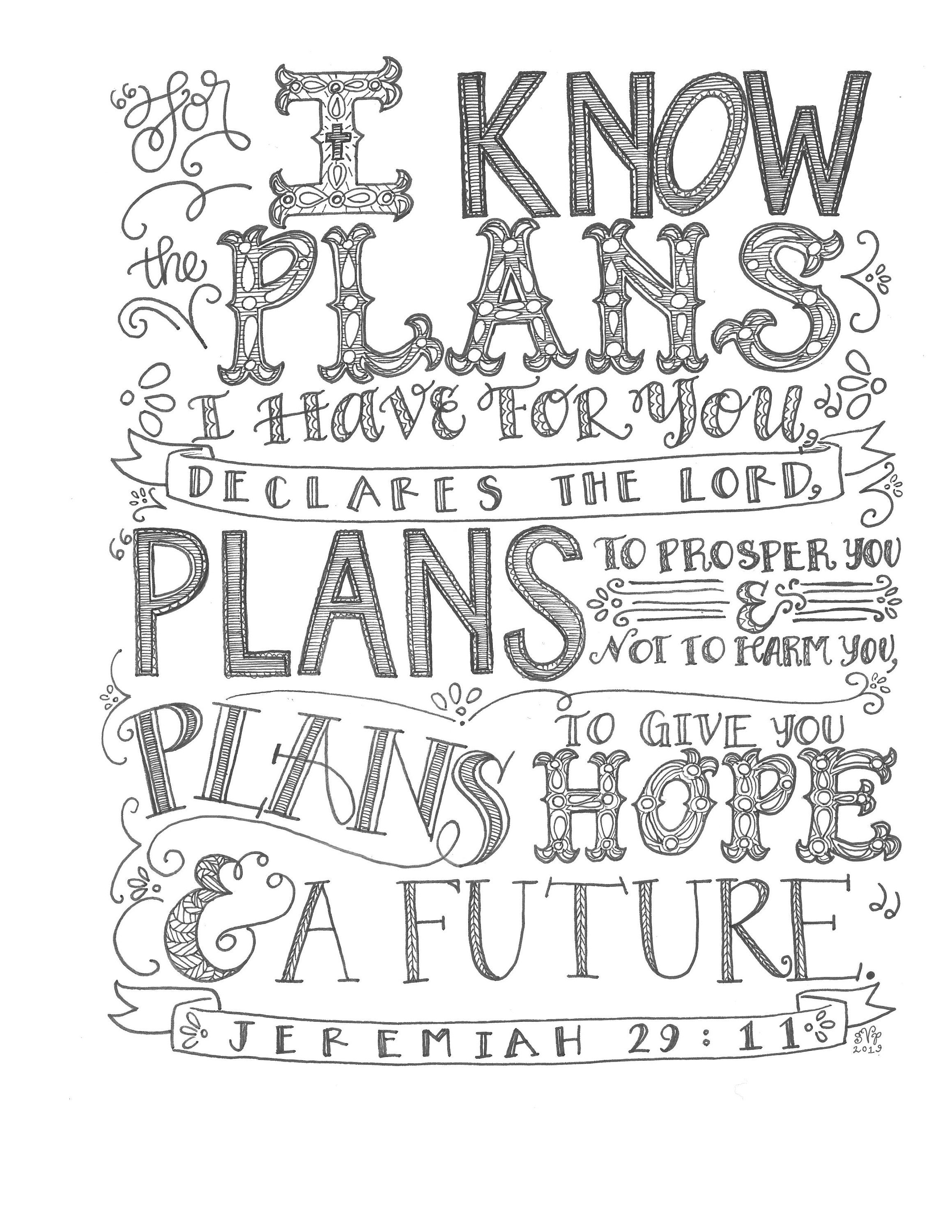 Jeremiah i know the plans bible verse printable hand drawn instant download adult coloring page