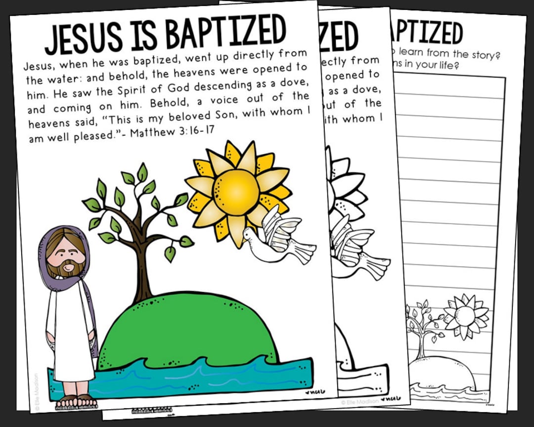 Jesus is baptized bible story coloring page activity sunday school lesson plan bible study unit for kids new testament for kids