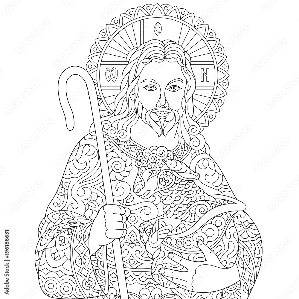 Jesus christ and newborn baby sheep portrait of christian biblical character coloring page for adult colouring book antistress freehand sketch drawing with doodle and zentangle elements vector