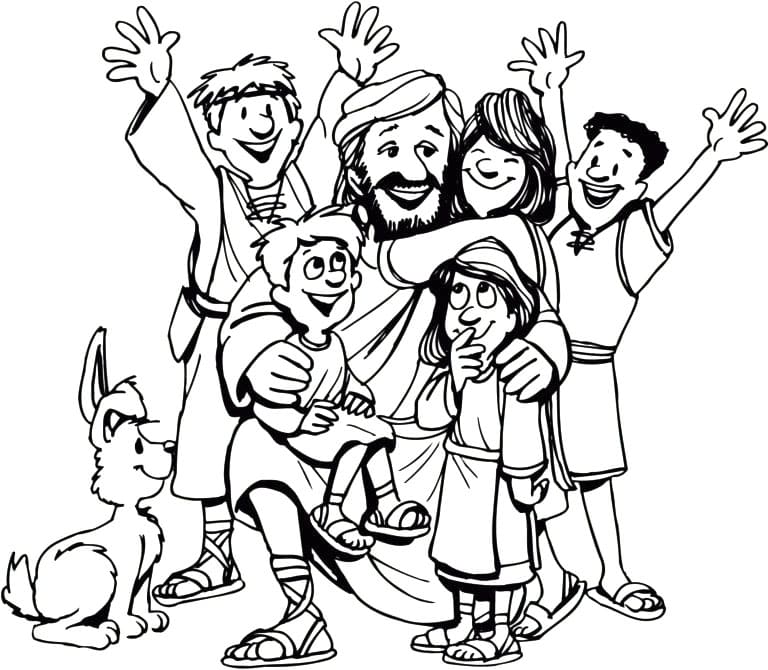 Jesus and happy children coloring page