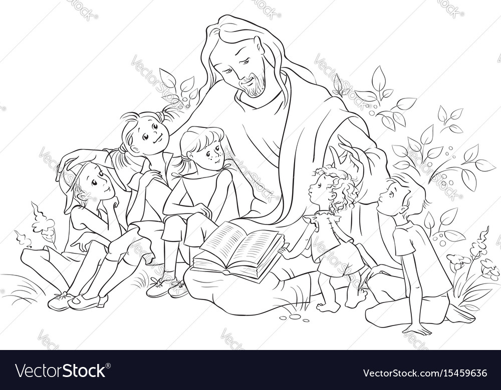 Jesus reading bible to children coloring page vector image