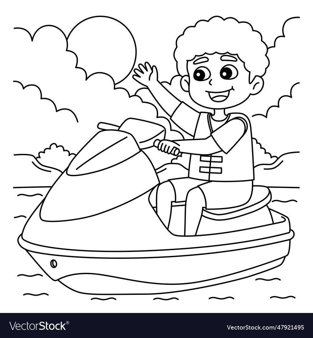 Boy riding a jet ski summer coloring page for kids