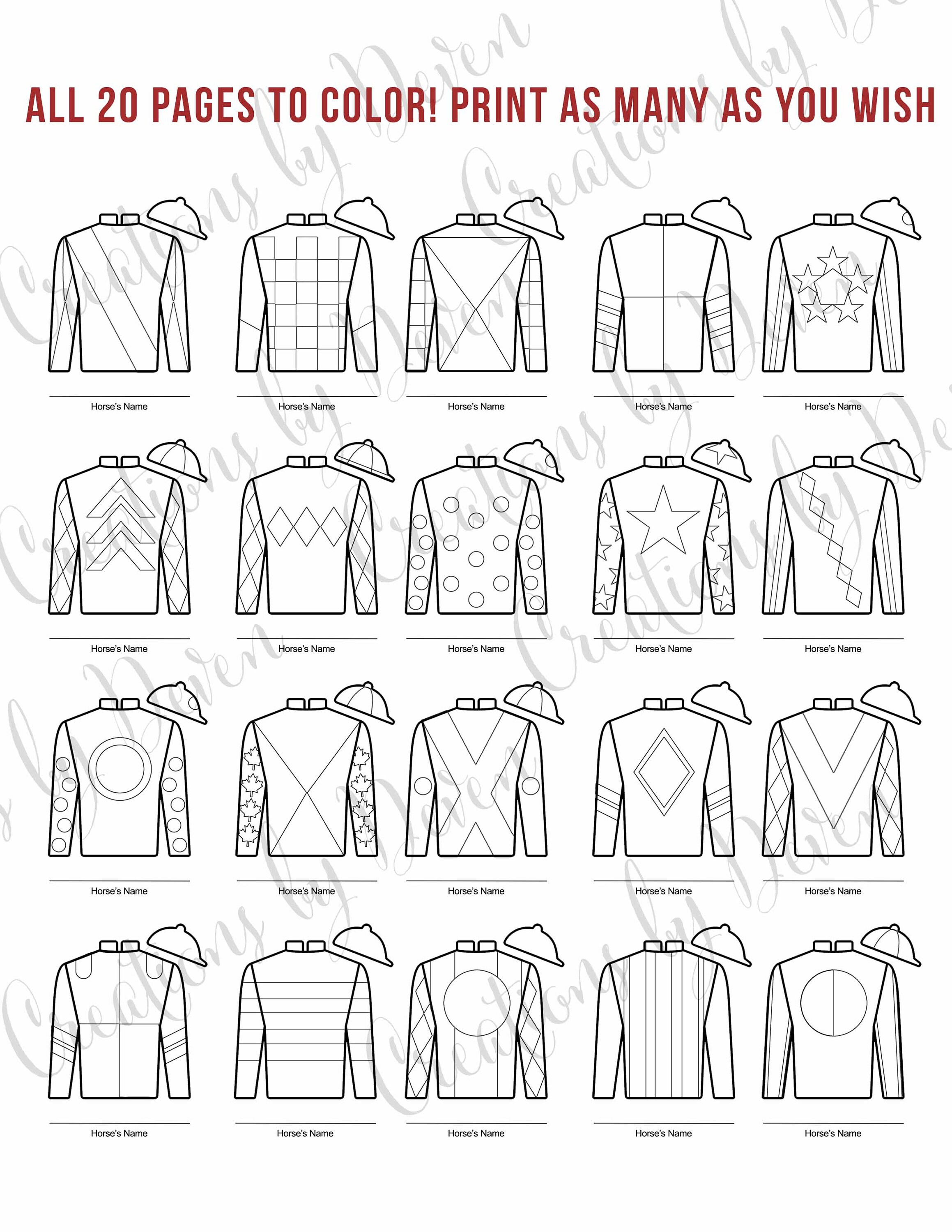 Kentucky derby party printable jockey jersey silk coloring pages different designs