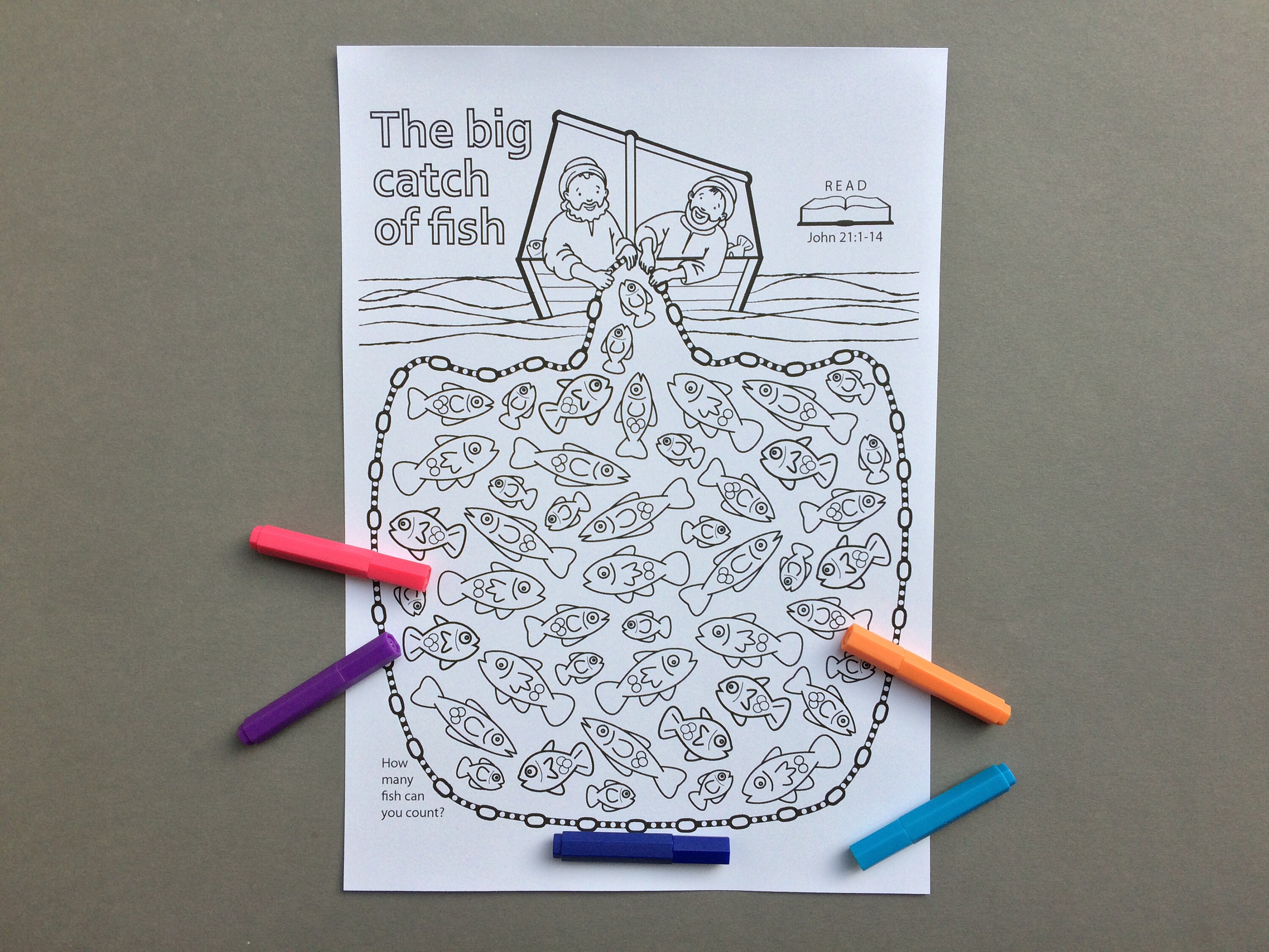 The big catch of fish colour in mobile colouring page based on the bible story from john