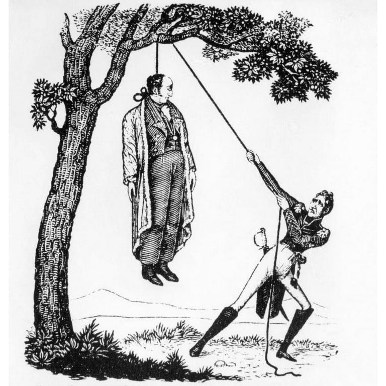 Political cartoon depicting president john quincy adams being hung by opposition candidate andrew jackson during the presidential campaign of history x
