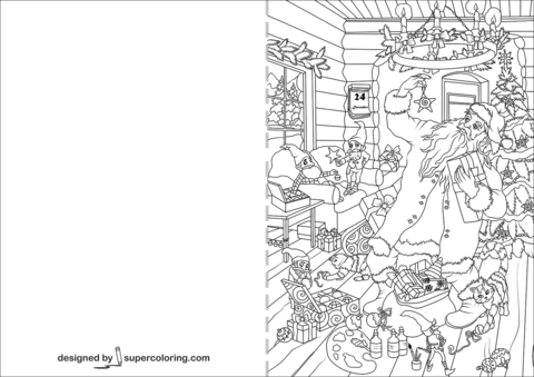 Christmas card with santa claus and presents coloring page free printable coloring pages