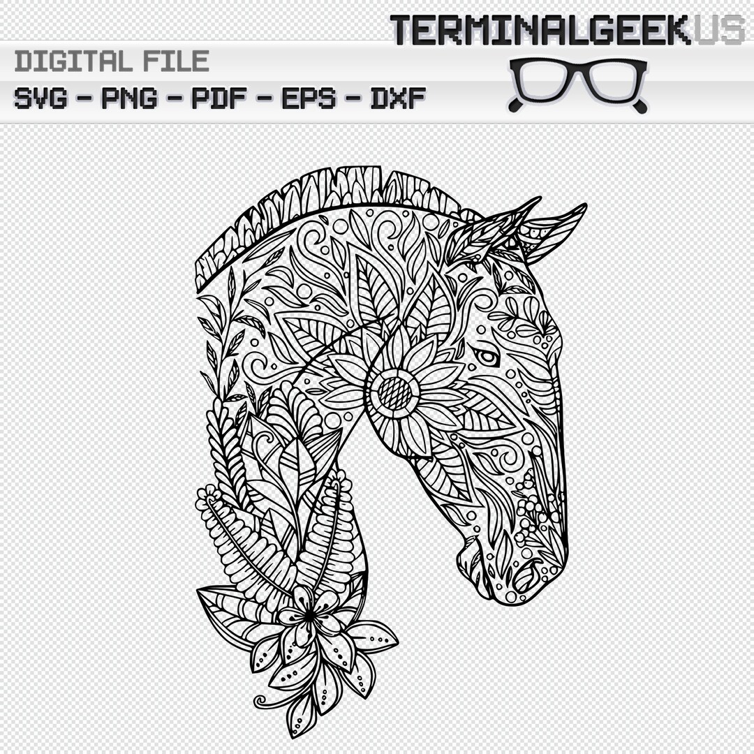 Horse zentangle mandala svg png pdf dxf eps cricut silhoutte sublimation adult coloring page