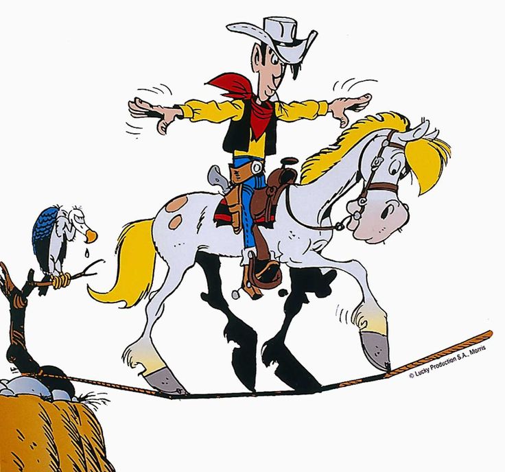 French ic character lucky luke and his trusty horse jolly jumper crossing a gorge on a tightrope lucky luke animated cartoons cartoon