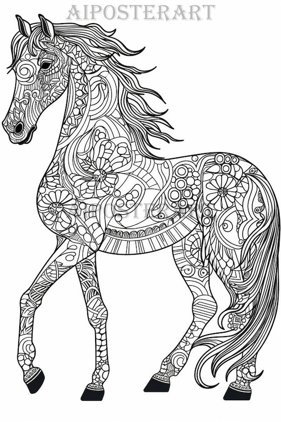 Mandala horse coloring page for adults printable coloring sheet patterned horse coloring image high res x detailed horse instant download