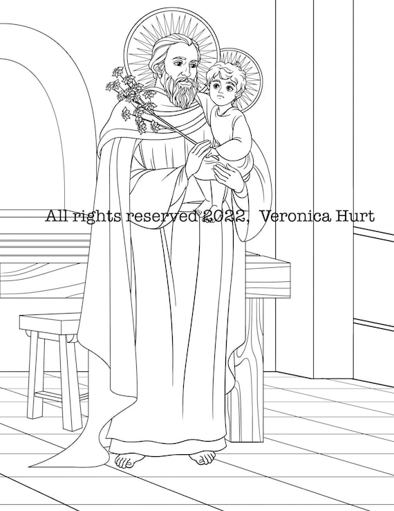St joseph coloring page for kids and adults featuring st joseph and baby jesus