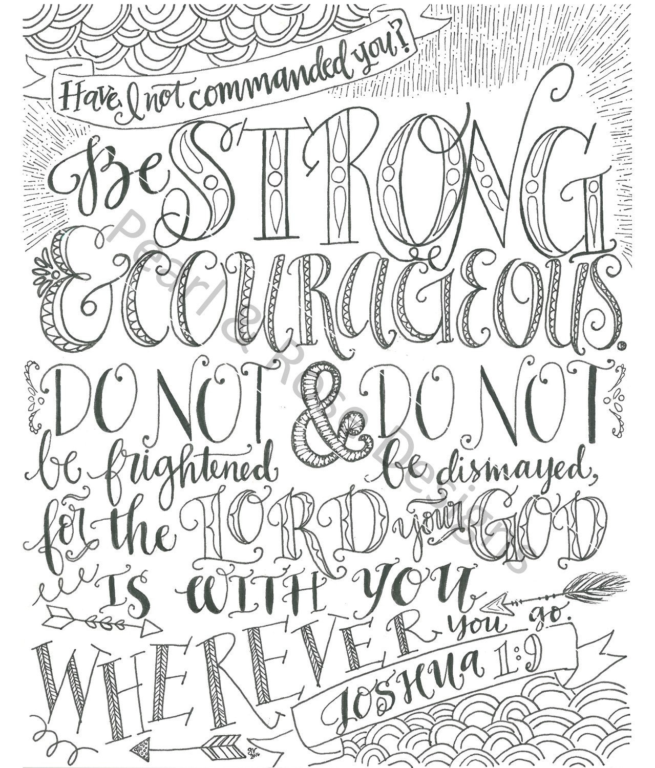 Joshua be strong and courageous bible verse printable hand drawn instant download adult coloring page