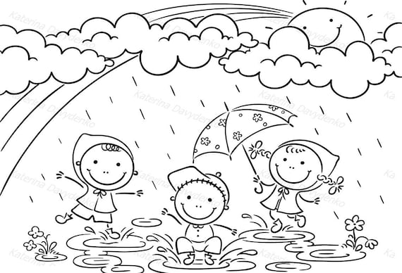 Niãos doodle jugando bajo la lluvia actividades infantiles de dibujos animados al aire libre imãgenes prediseãadas del clima de la temporada de otoão