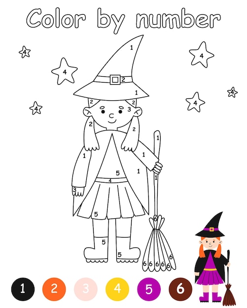Juego de colorear por nãºmero para niãos niãos disfrazados de bruja fita de halloween hoja de trabajo imprimible con soluciãn para la cuela y precolar actividad de aprendizaje de nãºmeros vector