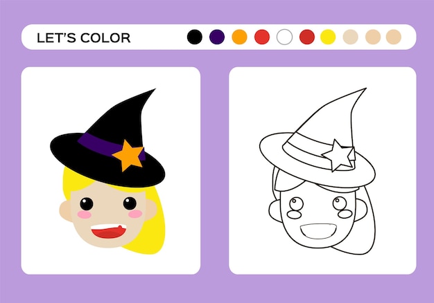 Libro de color de bruja de dibujos animados lindo educaciãn para colorear para niãos feliz juego de halloween vector vector premium