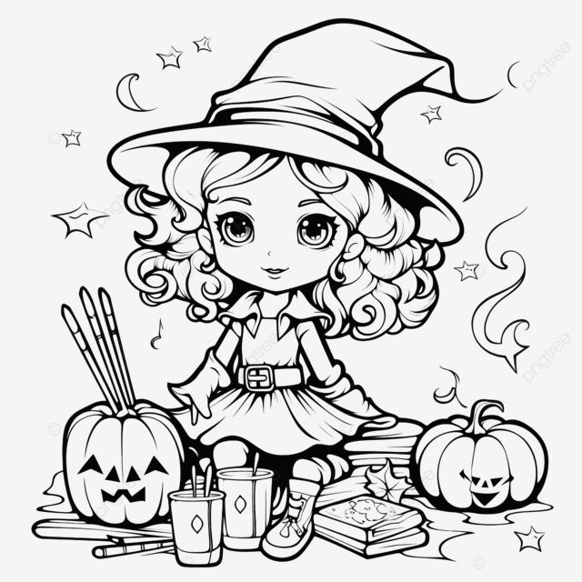 Libro de color de bruja de dibujos animados png educaciãn para colorear para niãos feliz juego de halloween sombrero de mago png imagen para dcarga gratuita