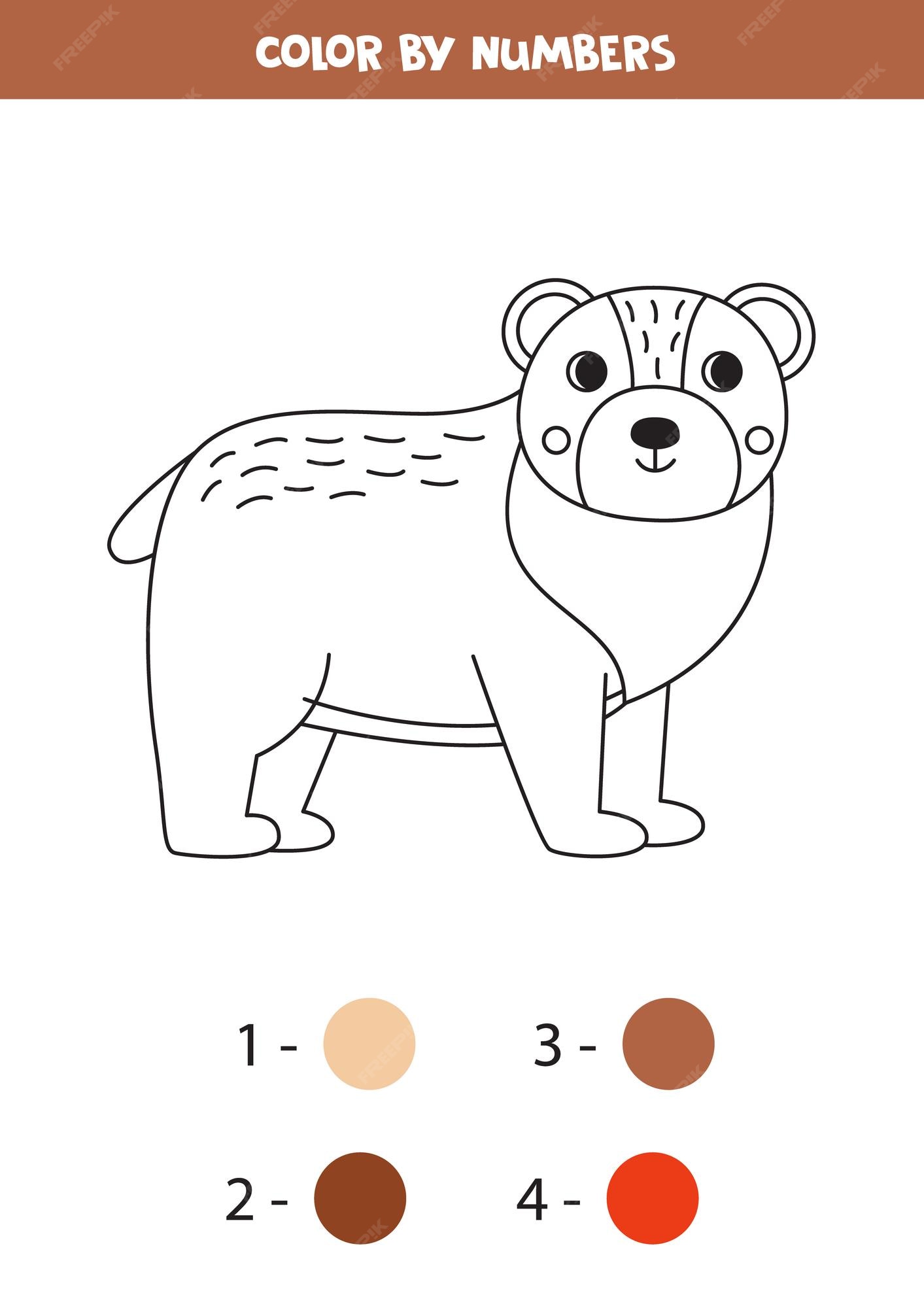 Pãgina para colorear con lindo oso de dibujos animados color por nãºmeros juego de matemãticas vector premium