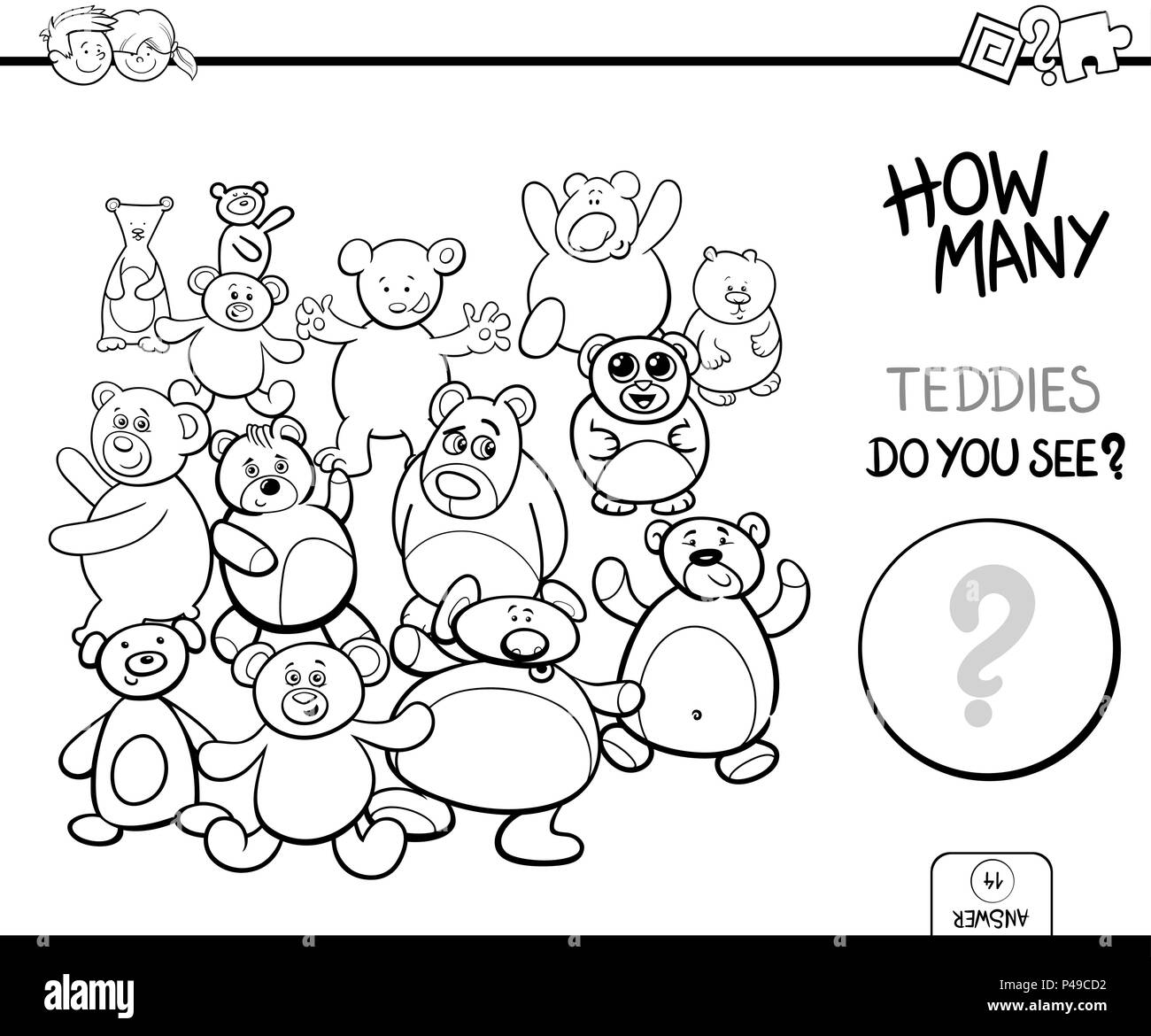 Ilustraciãn caricatura en blanco y negro de cãmputo educativo juego de actividad para niãos con osos de peluche toy caracter coloring book imagen vector de stock
