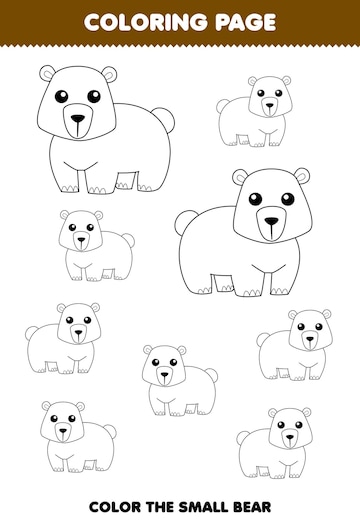 Juego educativo para niãos pãgina para colorear imagen grande o pequeãa de la hoja de trabajo imprimible de arte de lãnea animal de oso de dibujos animados lindo vector premium