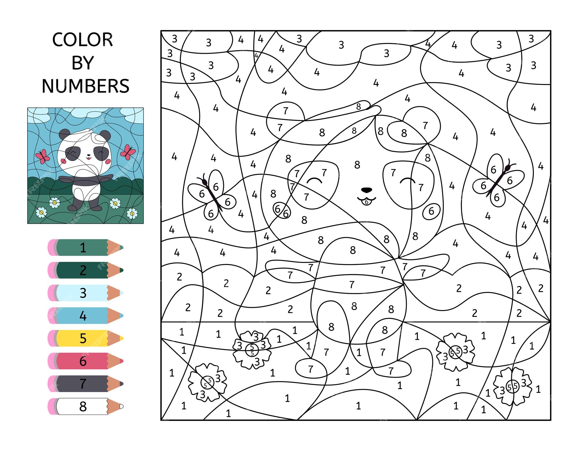 Juego de colorear por nãºmeros con el oso panda kawaii vector premium