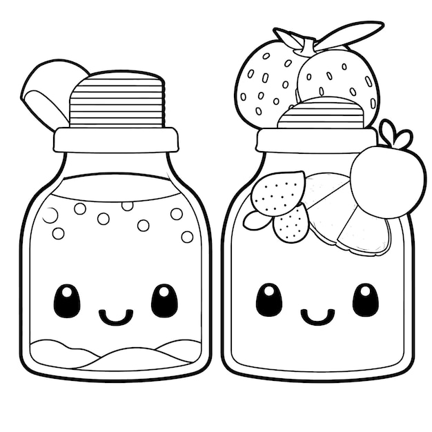 Premium vector cute fruit juice black and white coloring page for kids and adults line art simple cartoon style happy cute and funny