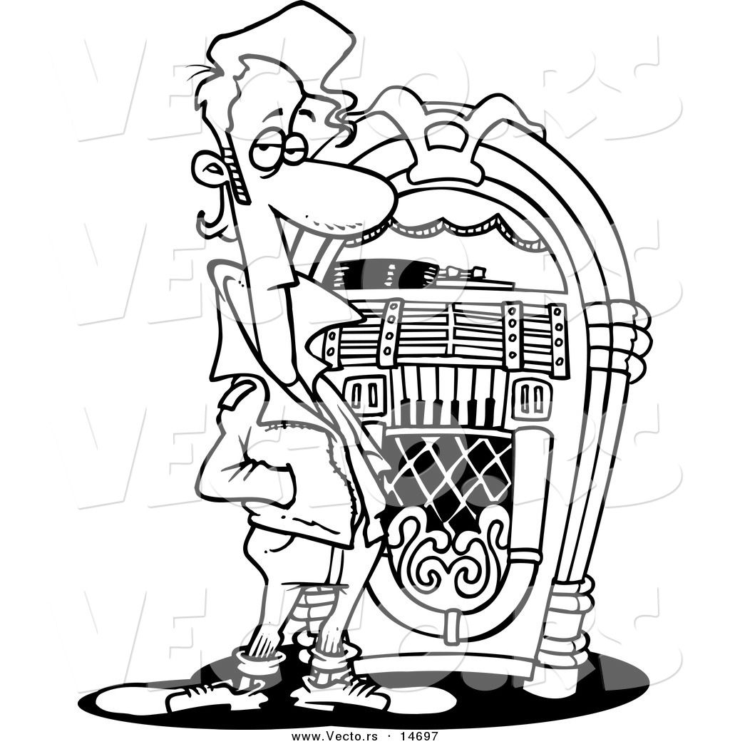 R of a cartoon greaser by a juke box