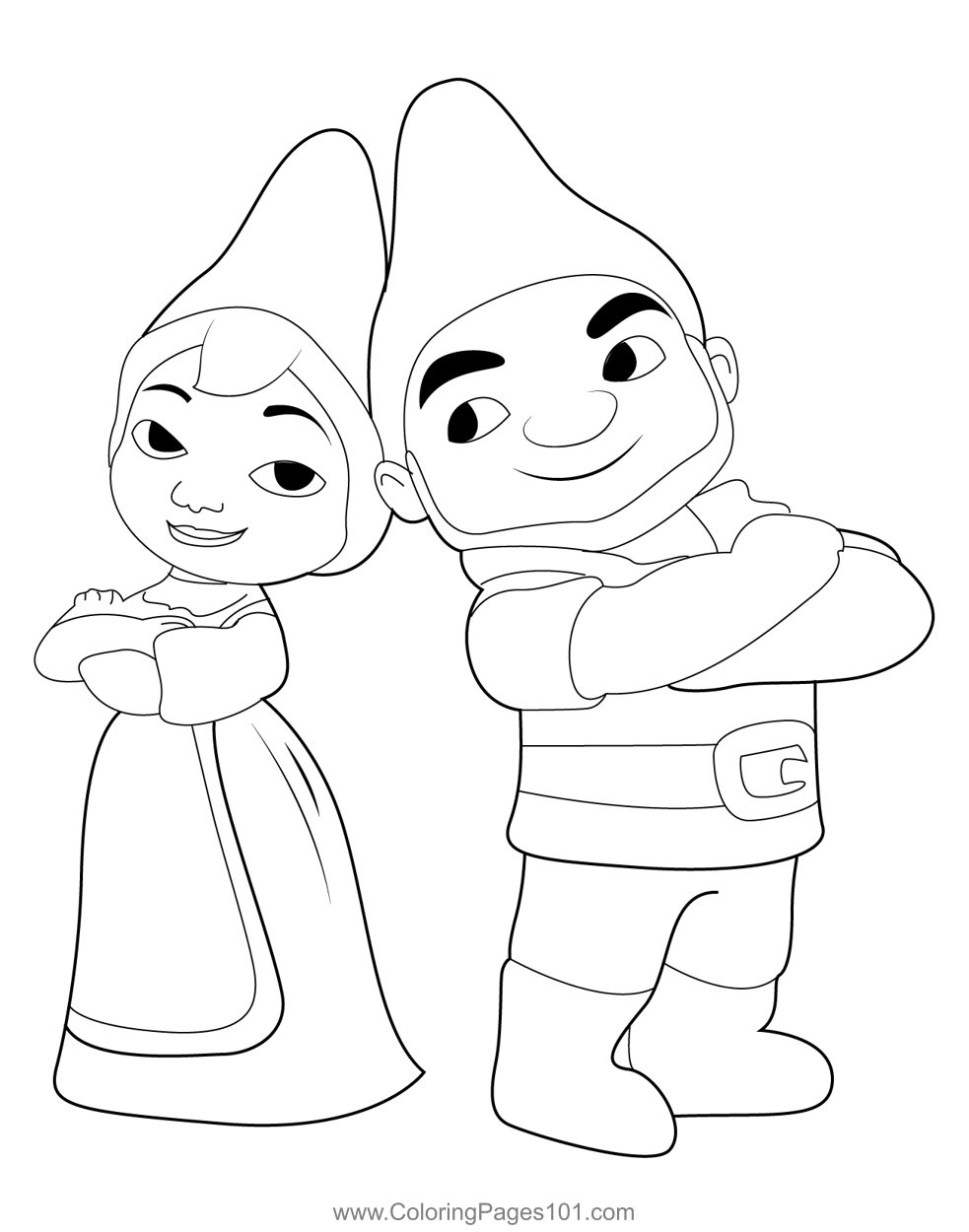 Gnomeo and juliet standing in style coloring page for kids