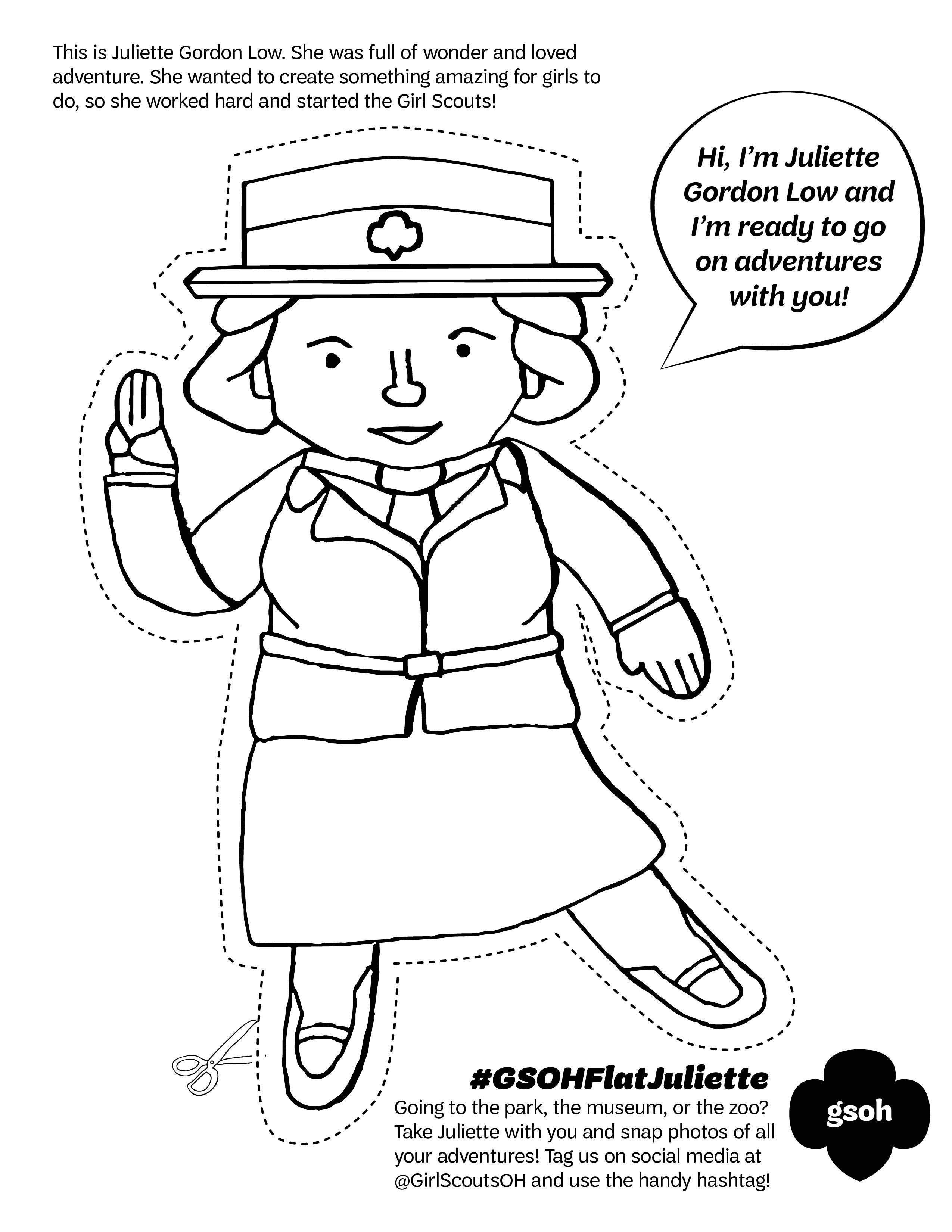 We love this flat juliette coloring page from gs of ohios heartland cut her out and take her on your gs â girl scouts girl scout camping brownie girl scouts