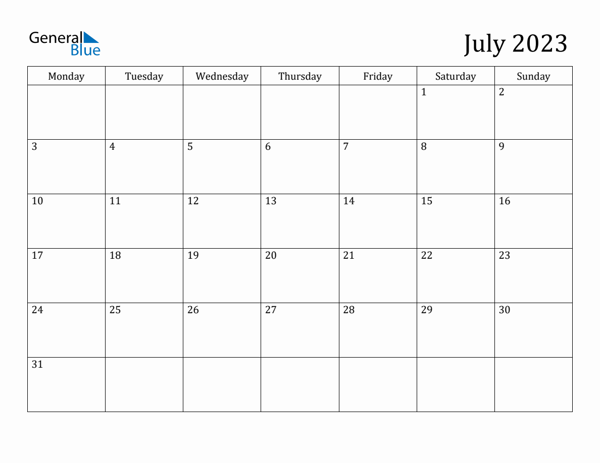 July monday start calendar pdf excel word