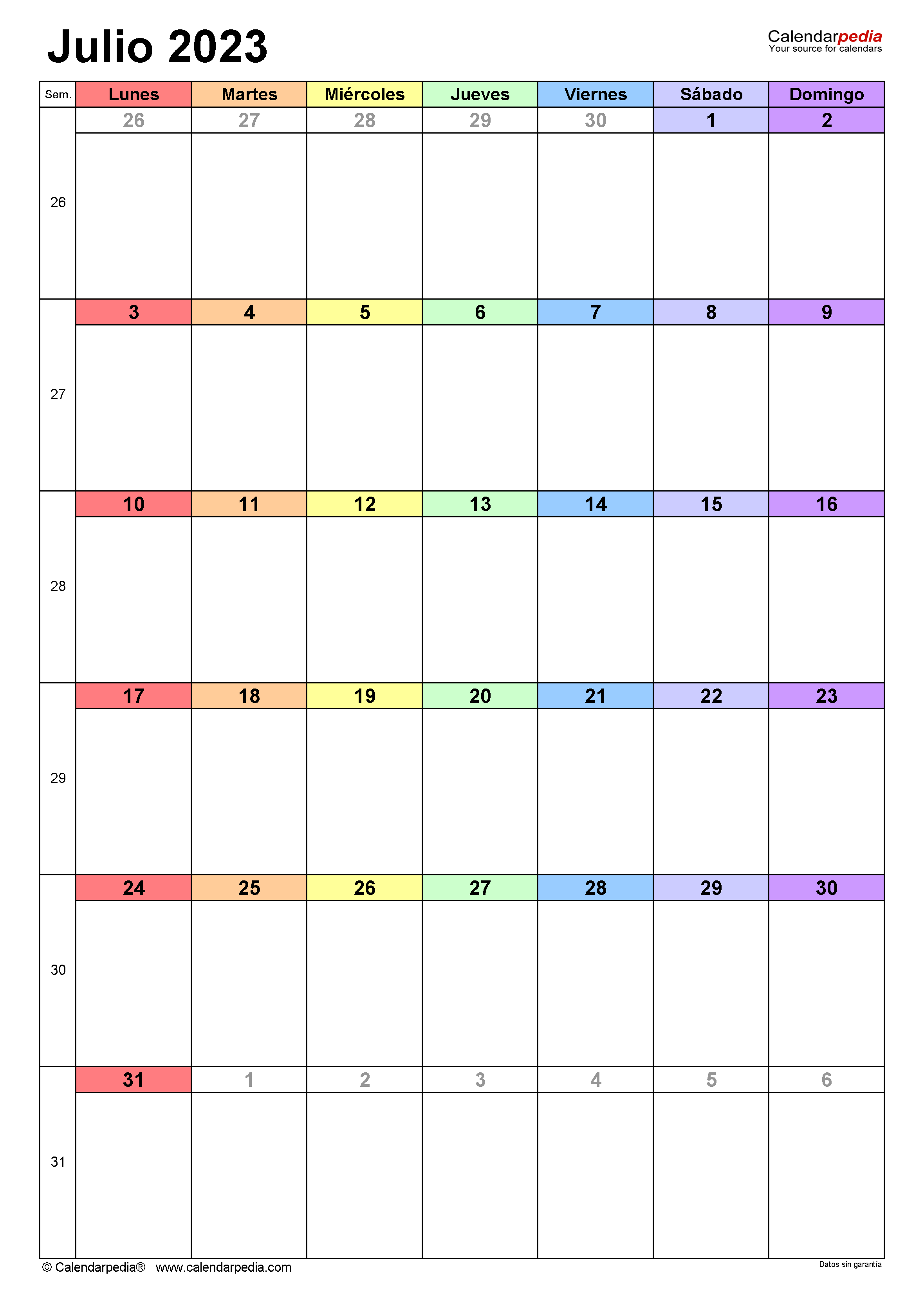 Calendario julio en word excel y pdf