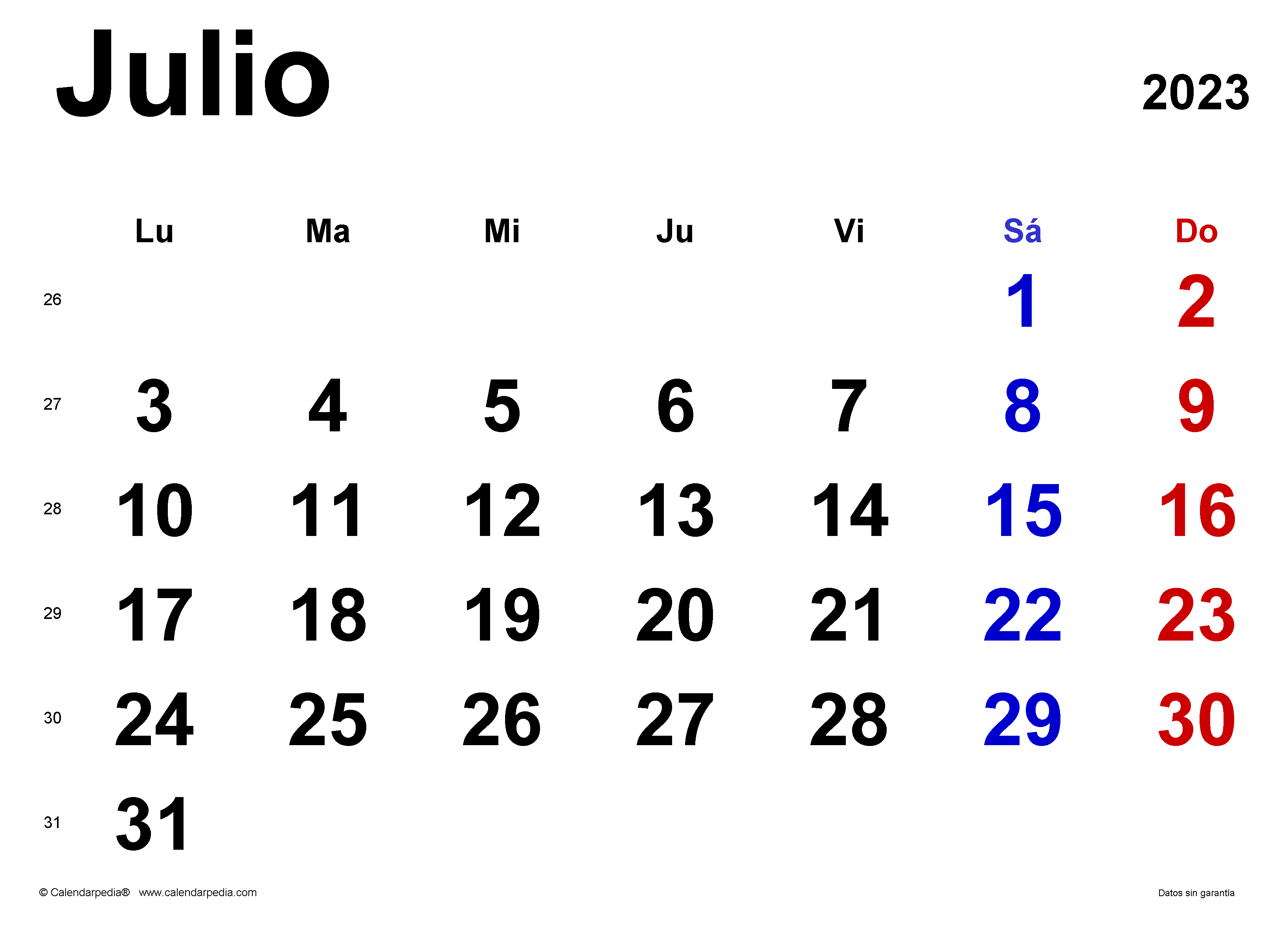 Calendario julio en word excel y pdf