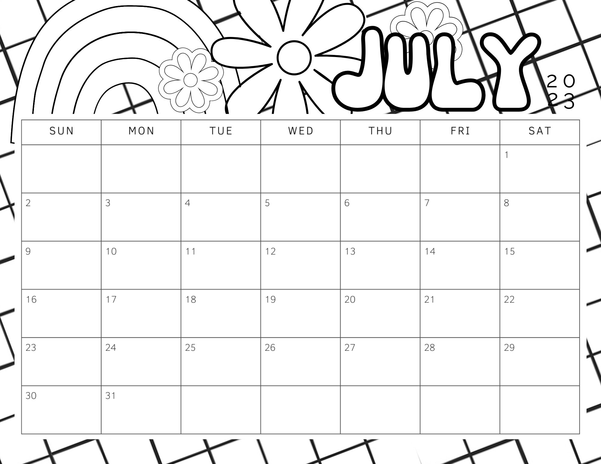 Blank july calendar retro daisy coloring sheet printable