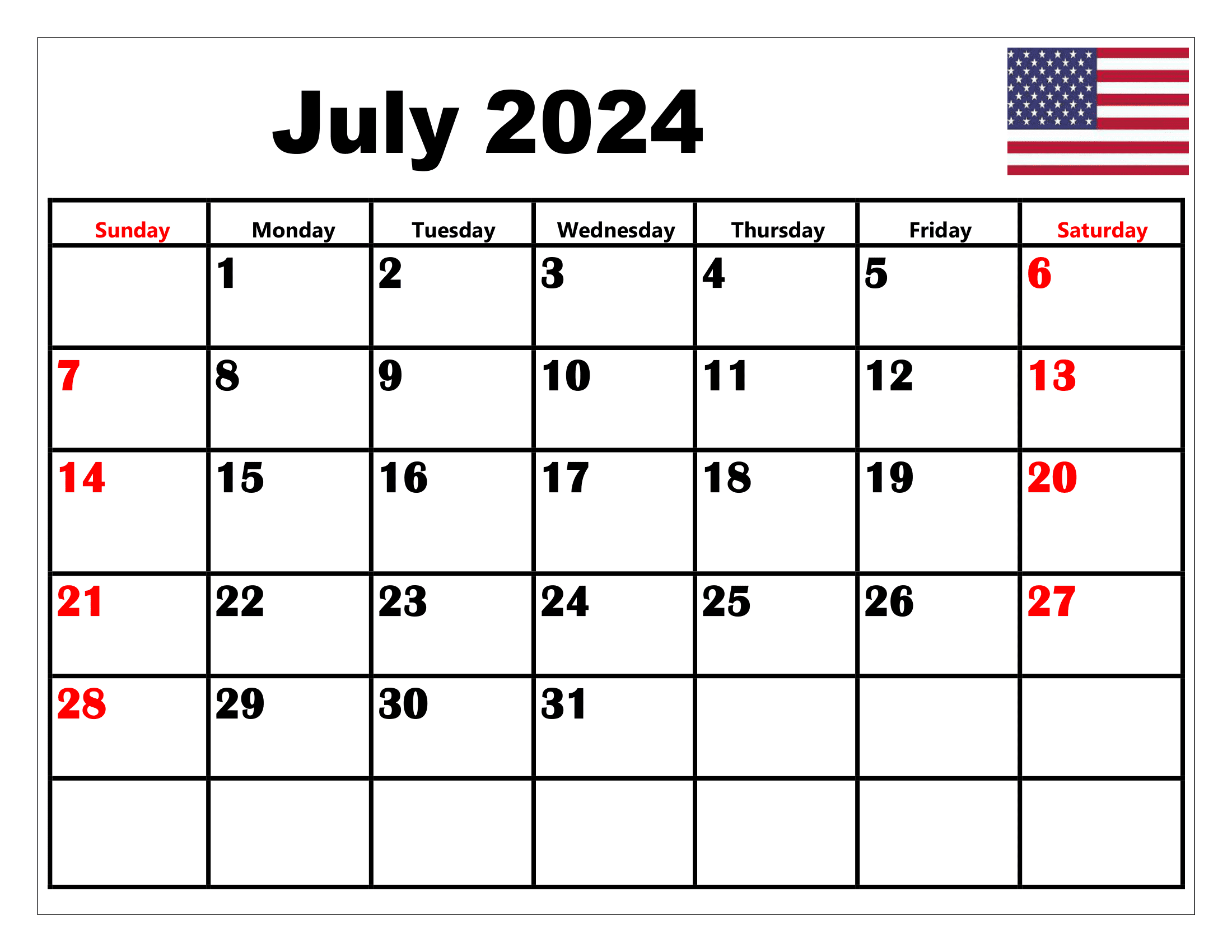 July calendar printable pdf with holidays free template