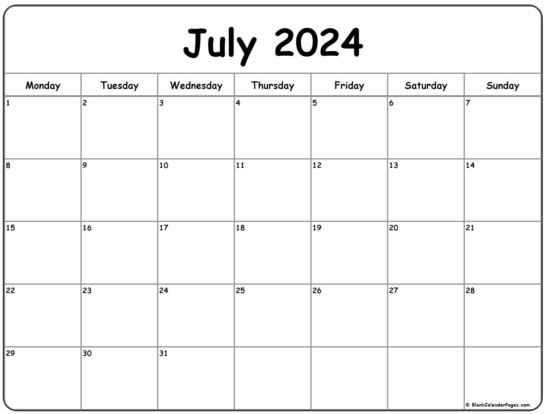 July monday calendar monday to sunday