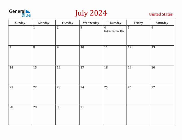 July monthly calendar with united states holidays