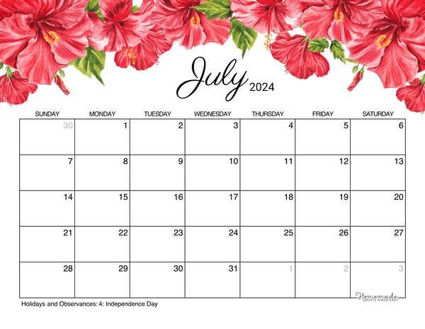 July calendar free printable with holidays