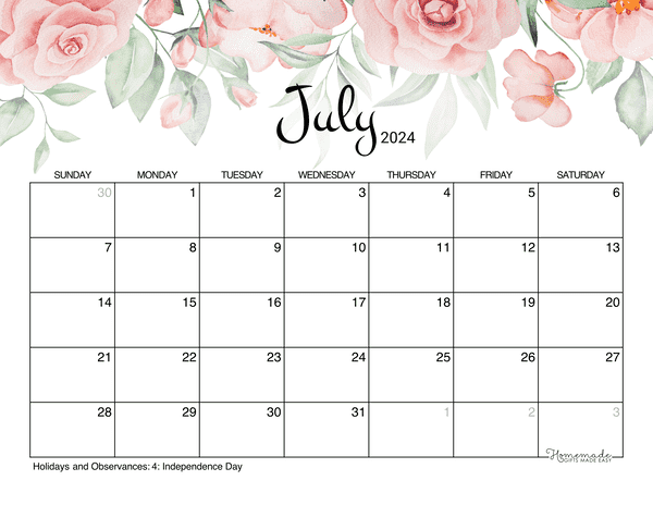 July calendar free printable with holidays