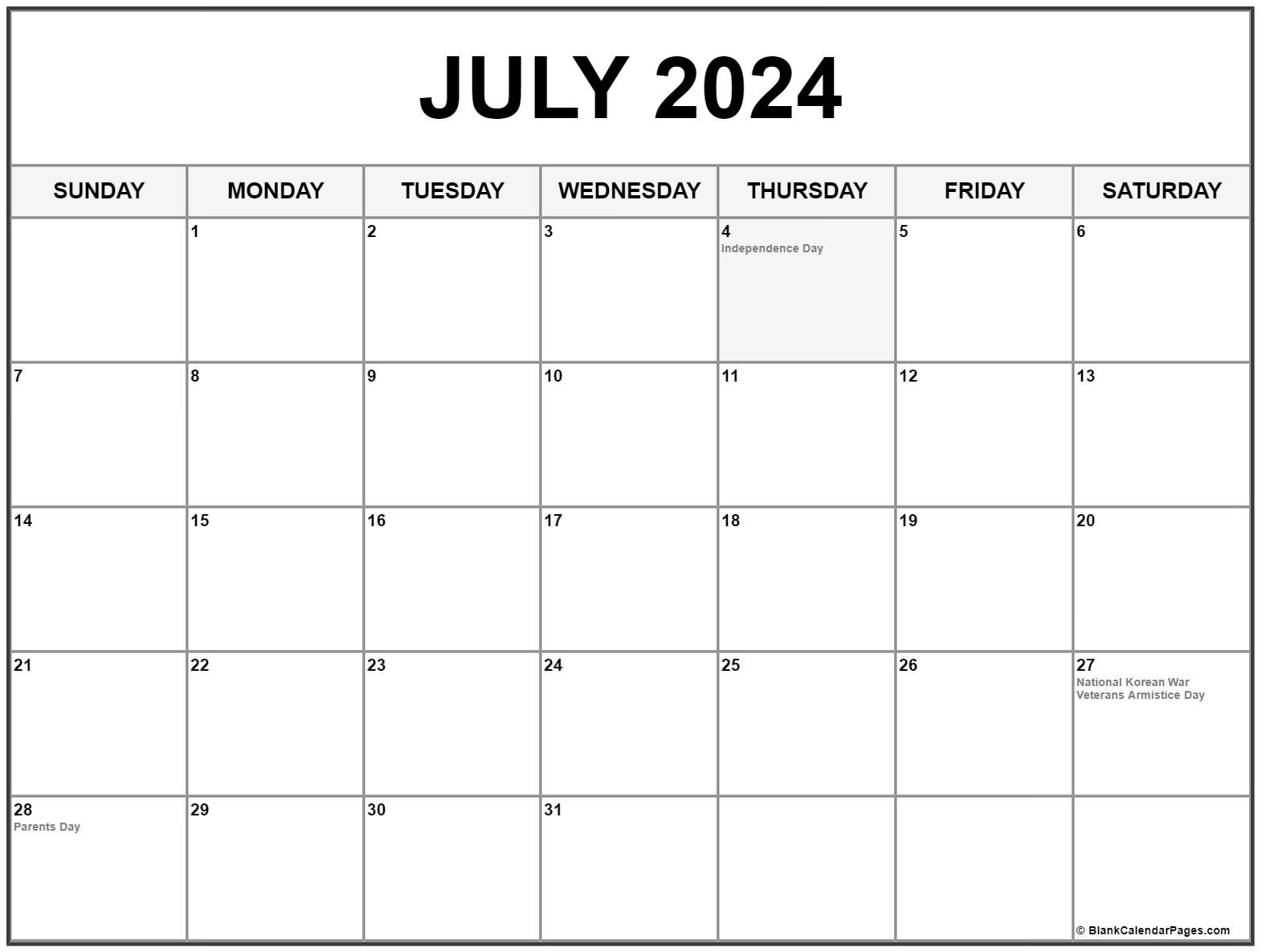July with holidays calendar