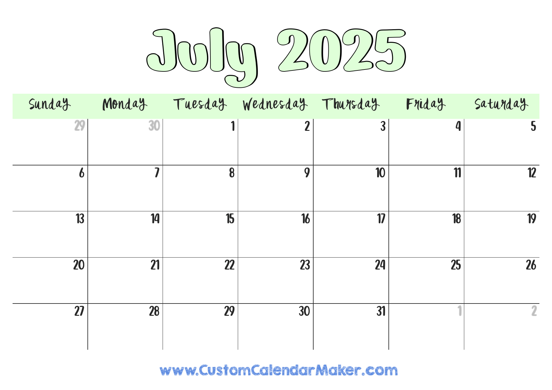 July printable calendar free templates pdf