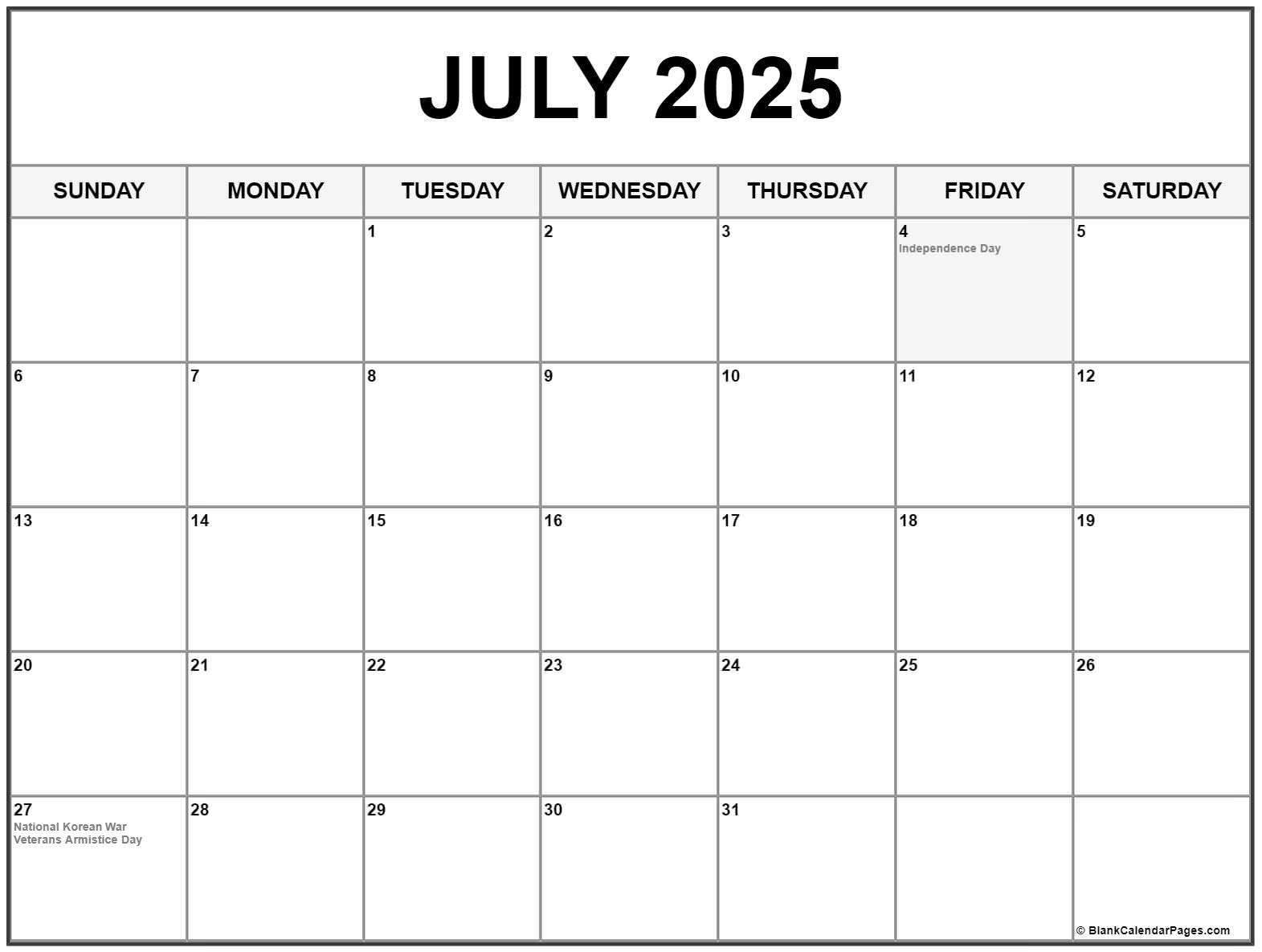 July with holidays calendar