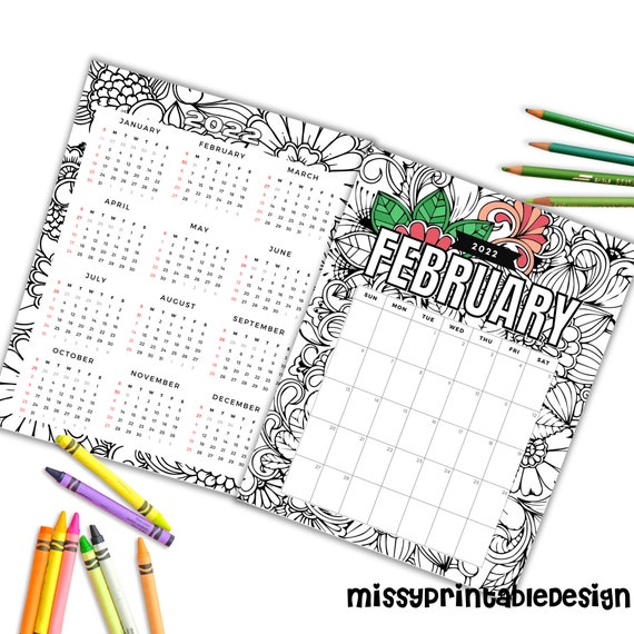 Printable floral coloring calendar printable calendar instant digital download diy printable coloring page instant download